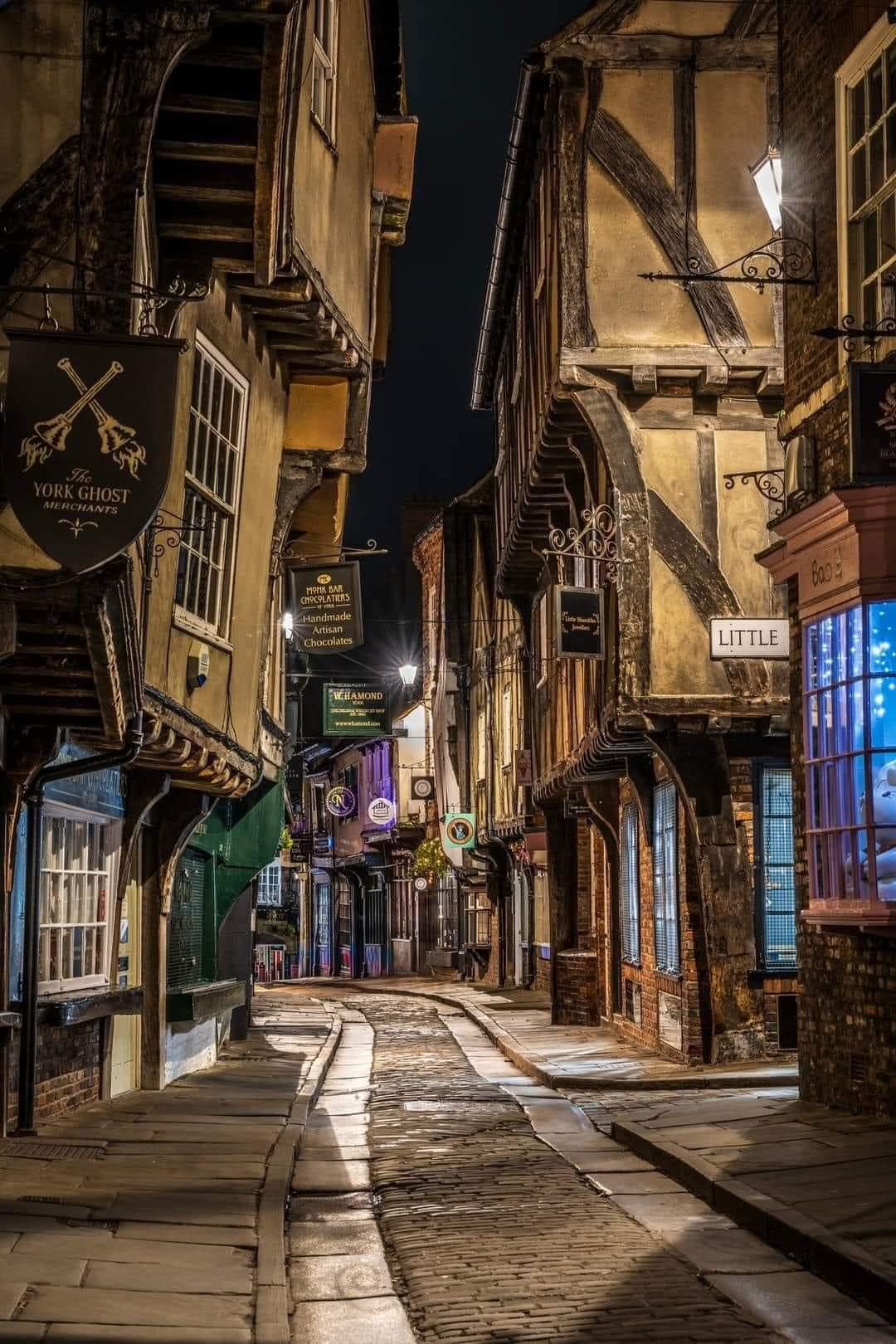 The historic Shambles in York at night, where Hidden Treasures began as a market stall