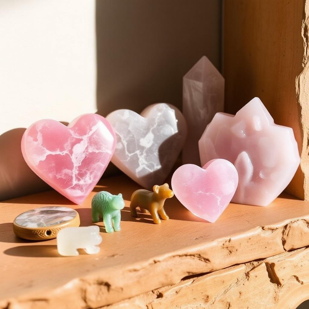 Carved rose quartz hearts on a shelf